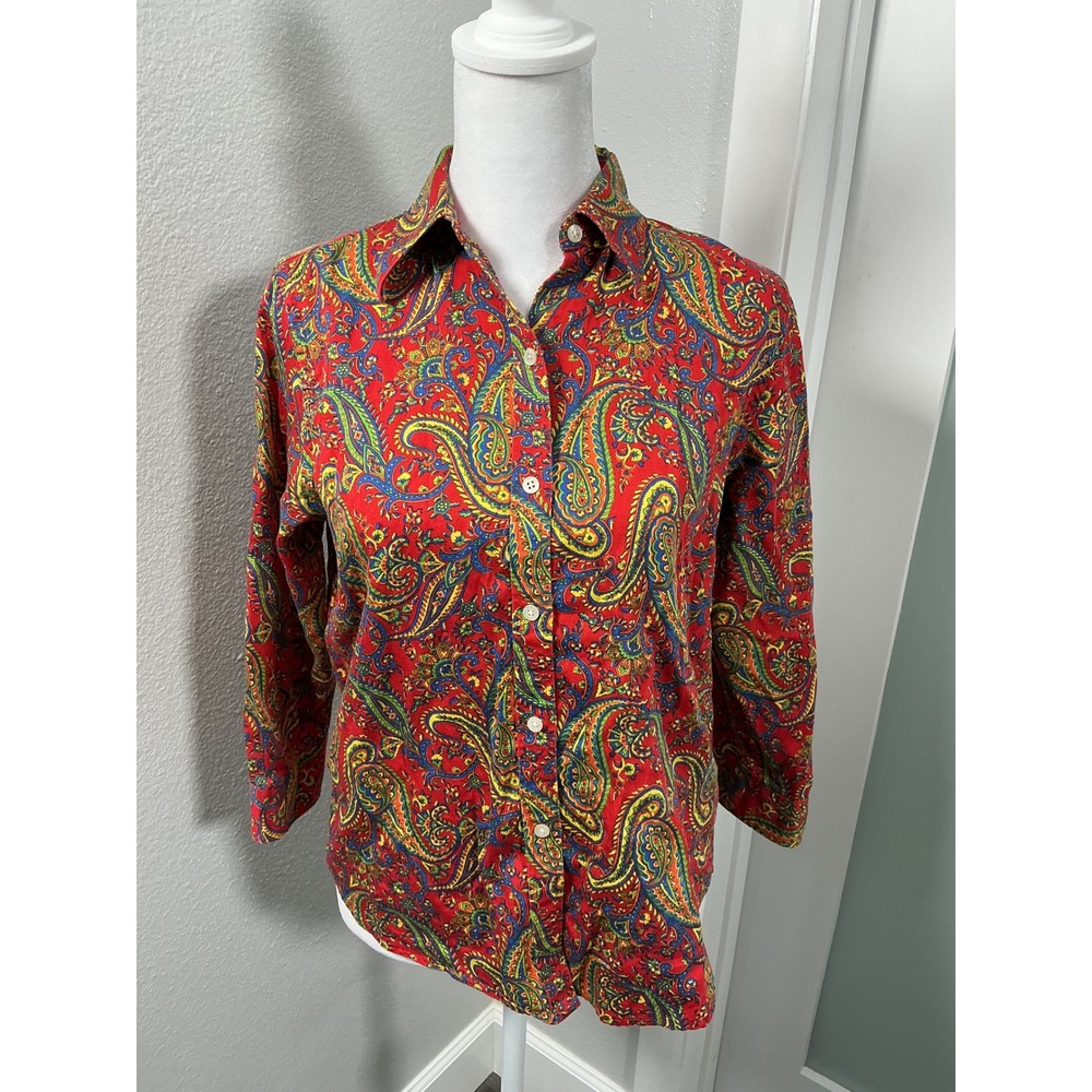 VTG Lauren Ralph Lauren Petite Red Paisley Button Front Blouse Size PS